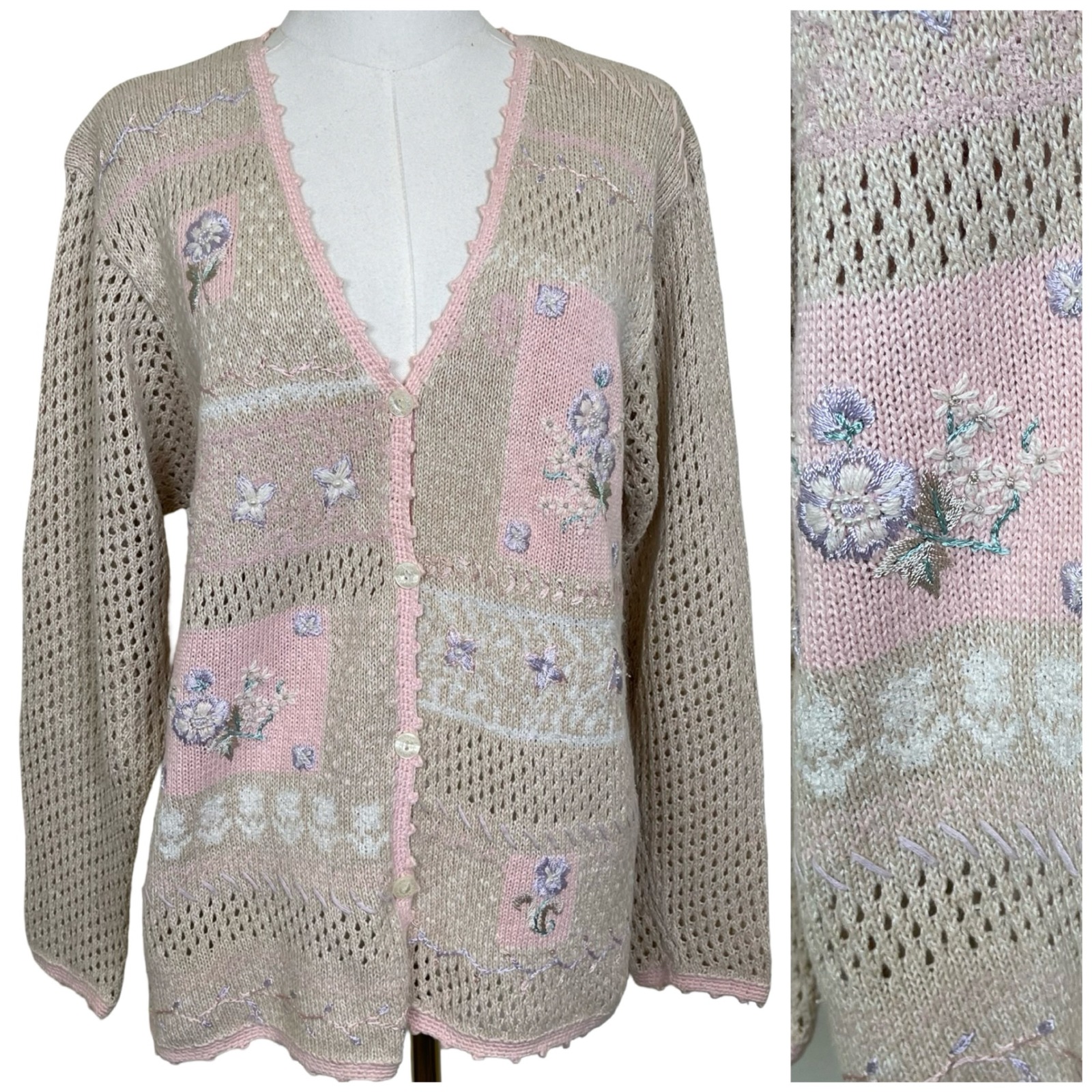 Vintage Jantzen Cardigan Sweater S Beige Pink Floral Embroidered Cottagecore